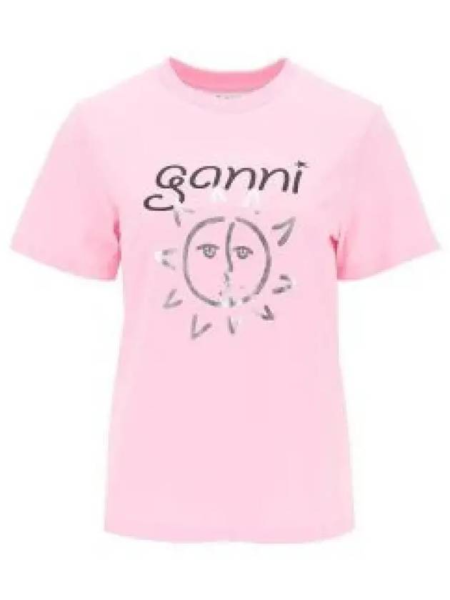 Logo Print Organic Cotton Short Sleeve T-Shirt Pink - GANNI - BALAAN 2