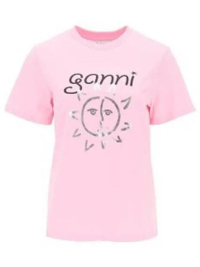 Logo Print Organic Cotton Short Sleeve T-Shirt Pink - GANNI - BALAAN 2