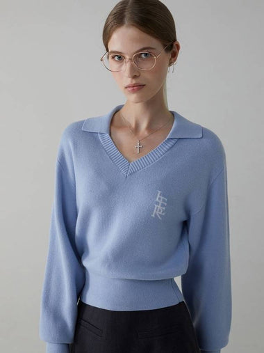 JACQUARD COLLAR V NECK SWEATER_SKY BLUE - ITER - BALAAN 1