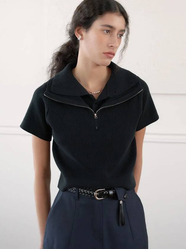 Layered Zip-Up Polo Knit Top Black - NOIRER FOR WOMEN - BALAAN 3