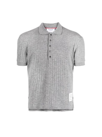 RWB Button Ribbed Polo Wool Knit Top Grey - THOM BROWNE - BALAAN 1