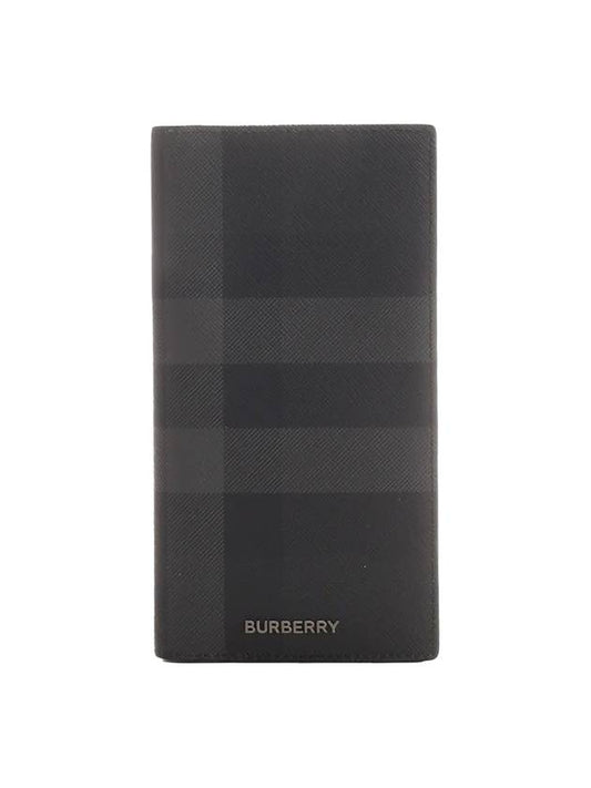 Logo Checked Leather Long Wallet Charcoal - BURBERRY - BALAAN 1