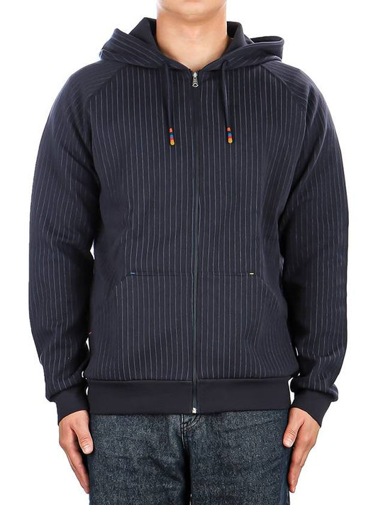 Pinstripe Hooded Cotton Blend Jersey Zip-up Jacket Navy - PAUL SMITH - BALAAN 2