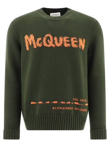 Graffiti Crew Neck Knit Top Khaki - ALEXANDER MCQUEEN - BALAAN.