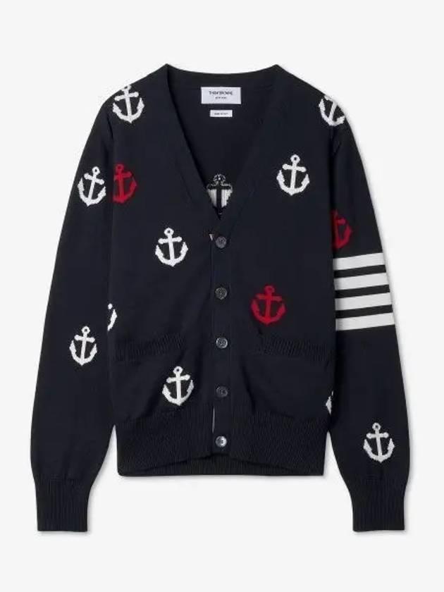 Anchor Intarsia 4-Bar V-Neck Cardigan Navy - THOM BROWNE - BALAAN 2