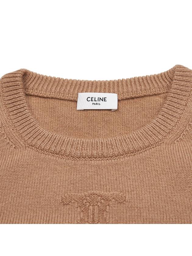 Triomphe Jacquard Crew Neck Heritage Cashmere Knit Top Camel - CELINE - BALAAN 5