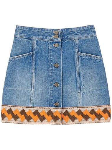 medium blue denim skirt with geometric trim - VALENTINO - BALAAN 1