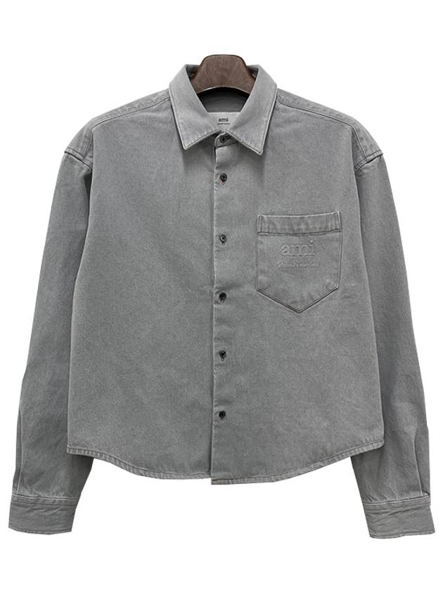 Embossed Logo Javell Washed Boxy Fit Denim Long Sleeve Shirt Grey - AMI - BALAAN 3