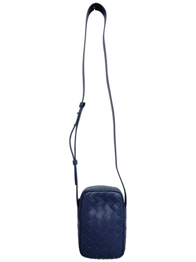 Men's Intrecciato Zippered Leather Mini Cross Bag Navy Blue - BOTTEGA VENETA - BALAAN.