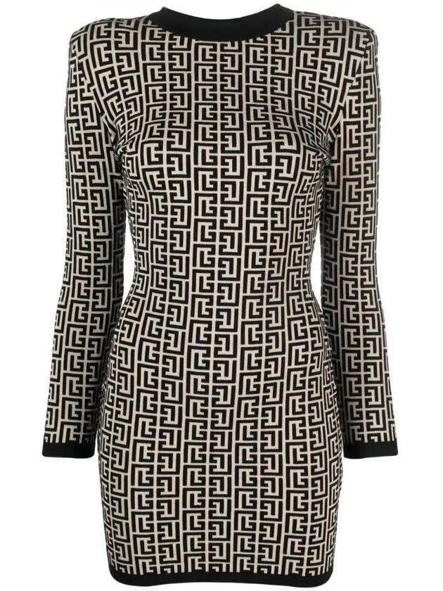 Women's Bicolor Jacquard Monogram Print Wool Blend Short Dress Black - BALMAIN - BALAAN 1