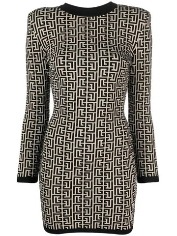 Women's Bicolor Jacquard Monogram Print Wool Blend Short Dress Black - BALMAIN - BALAAN 1