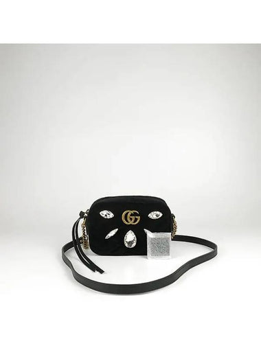 448065 Black velvet gold plated GG Marmont crystal embellished mini crossbody bag - GUCCI - BALAAN 1