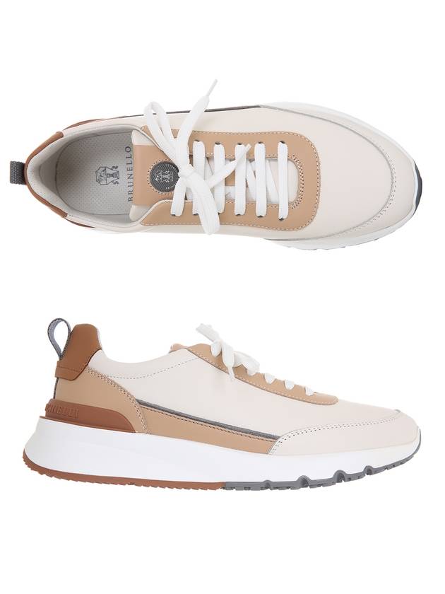 Logo Patch Leather Low Top Sneakers Beige White - BRUNELLO CUCINELLI - BALAAN 3