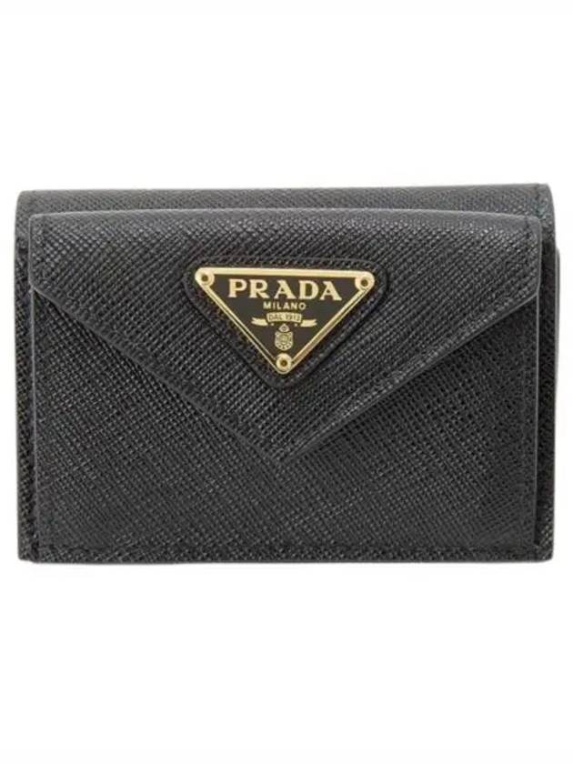 Saffiano Triangle Logo Flap Half Wallet Black - PRADA - BALAAN 2