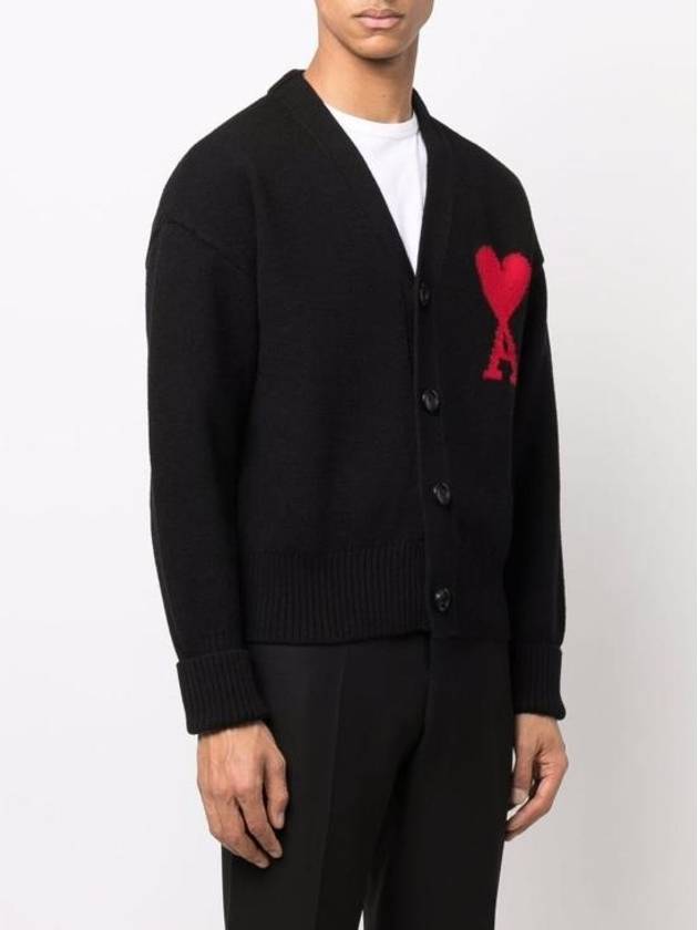 Intarsia Big Heart Logo Oversized Virgin Wool Cardigan Black - AMI - BALAAN 5