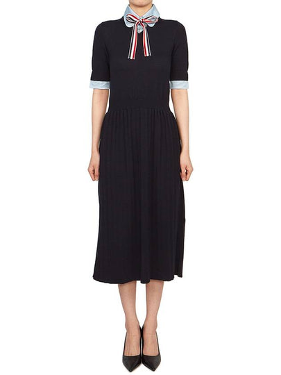 Ribbon Tie Layered Knit Midi Dress Navy - THOM BROWNE - BALAAN 2