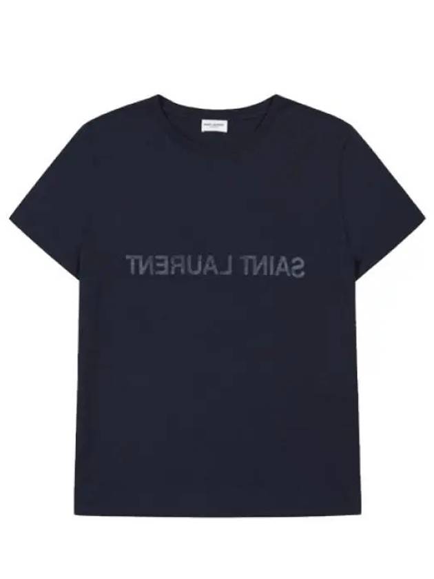 Reverse Logo Print Cotton Short Sleeve T-Shirt Navy - SAINT LAURENT - BALAAN 2