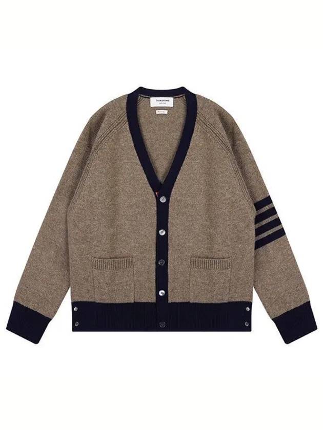 V-Neck 4-Bar Wool Cardigan Brown - THOM BROWNE - BALAAN 2