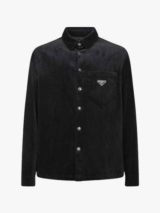 Corduroy Enamel Triangle Logo Long Sleeve Shirt Black - PRADA - BALAAN 2