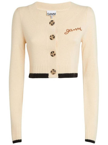 Women's Wool Cashmere Crop Cardigan Ivory - GANNI - BALAAN.