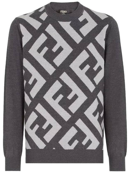 Monogram Jacquard Wool Crewneck Knit Top Grey - FENDI - BALAAN 1
