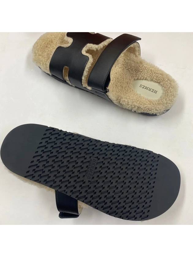 Chypre Calfskin Woolskin Sandals Noir - HERMES - BALAAN 6