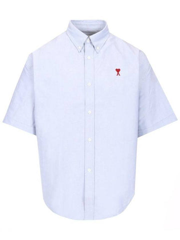 Men's Boxy Fit Embroidered Logo Short Sleeve Shirt Blue - AMI - BALAAN 1