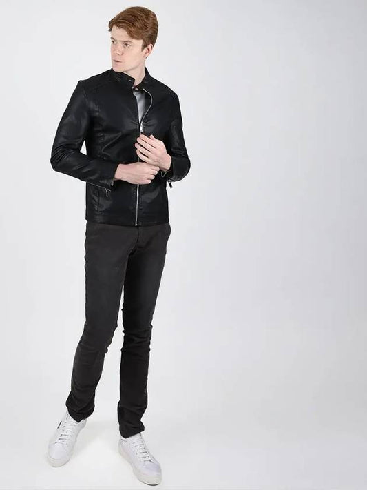 Men's zipper point black eco-leather zip-up leather jumper LJP120 - IKALOOOK - BALAAN 2