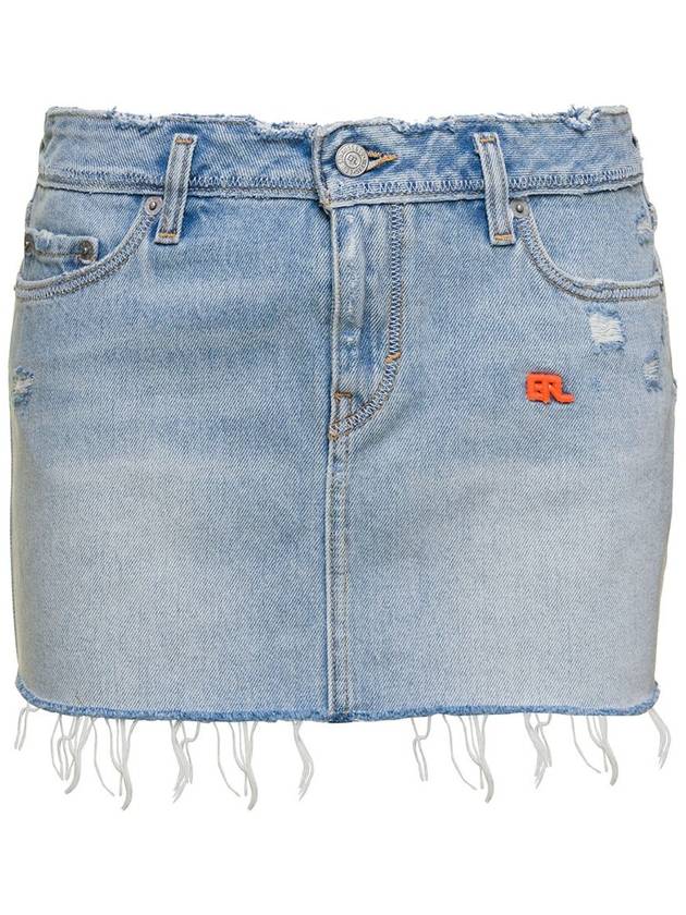 Light Blue Mini-Skirt With Logo Patch And Raw Edge In Cotton Denim Woman Erl X Levi'S - ERL - BALAAN 1