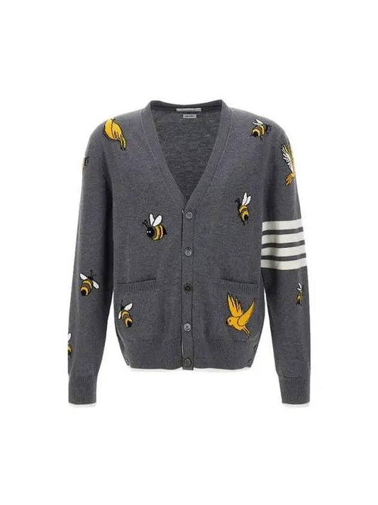 Men's Merino Bird Bee 4 Bar V-Neck Merino Cotton Cardigan Medium Grey - THOM BROWNE - BALAAN 2