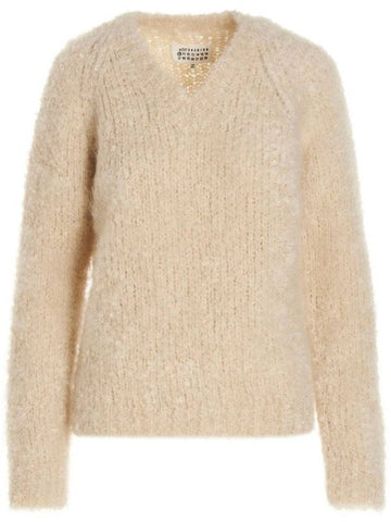 V neck Mohair Wool Knit Top Off White - MAISON MARGIELA - BALAAN 1