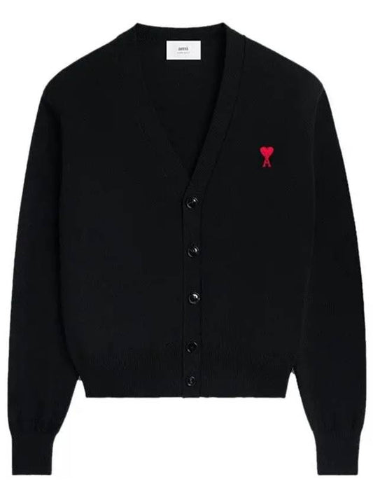 Red Heart Logo Merino Wool Cardigan Black - AMI - BALAAN 2