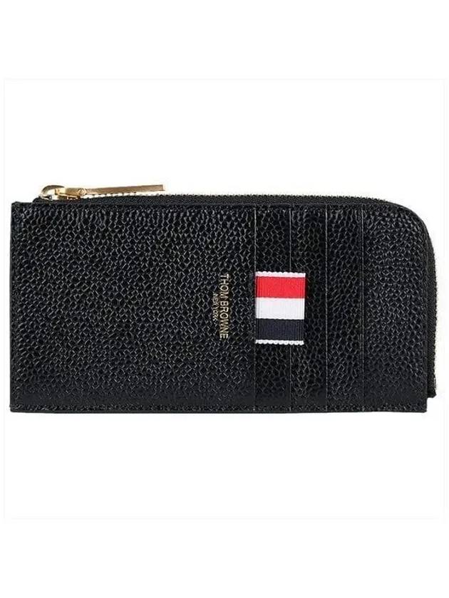 Stripe Zip Around Pebble Grain Leather Card Wallet Black - THOM BROWNE - BALAAN 2