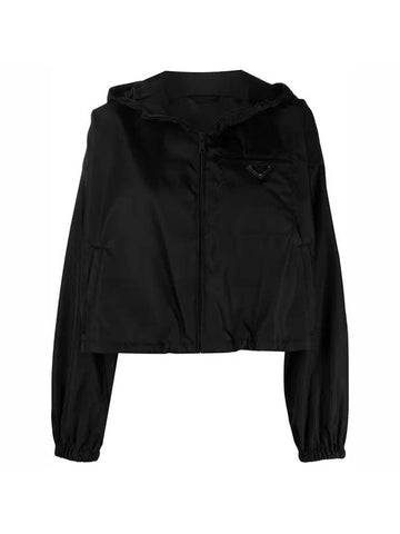 Re-Nylon Crop Hooded Jacket Black - PRADA - BALAAN 1