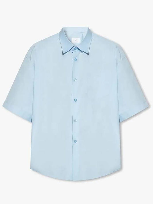 Men's Pocket Cotton Short Sleeve Shirt Blue - AMI - BALAAN.