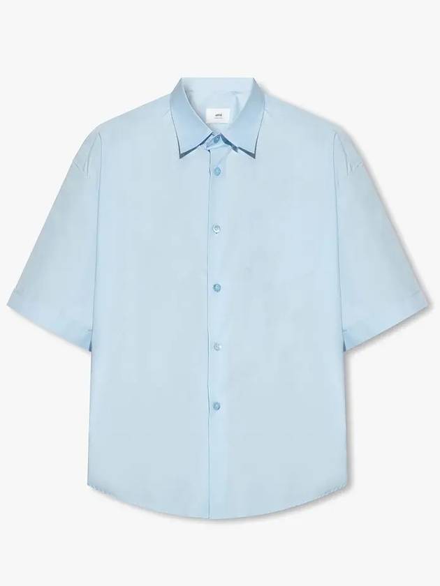 Men's Pocket Cotton Short Sleeve Shirt Blue - AMI - BALAAN 4