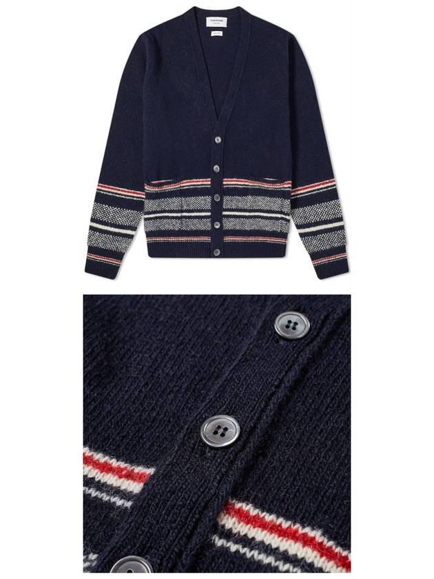 Seasonal Jacquard Striped V-neck Cardigan Navy - THOM BROWNE - BALAAN 5