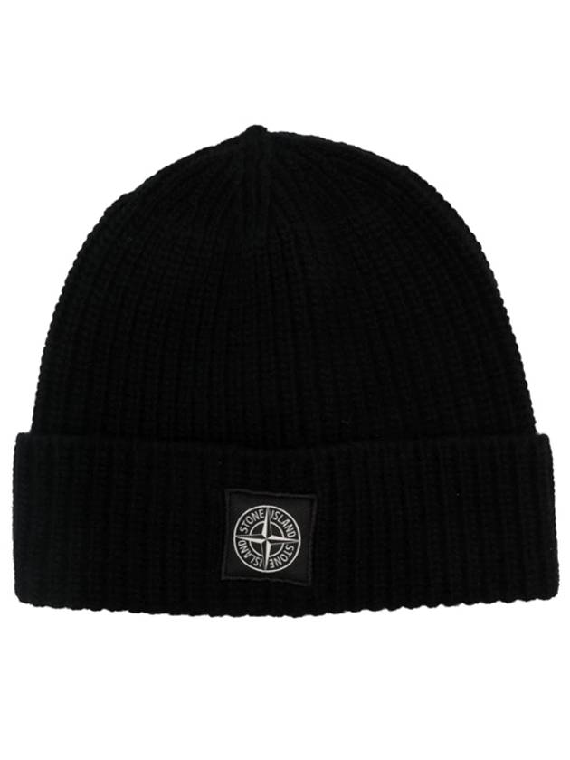 Logo Patch Rib Wool Beanie Black - STONE ISLAND - BALAAN 2