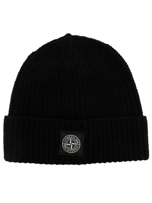 Logo Patch Rib Wool Beanie Black - STONE ISLAND - BALAAN 2