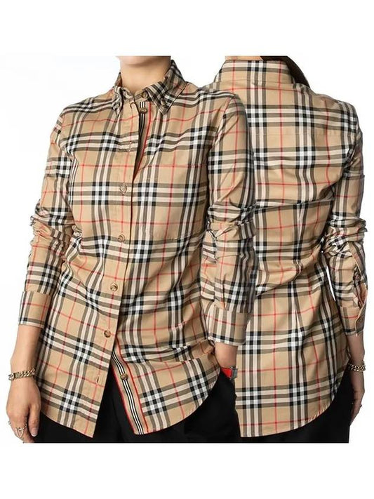 Button Down Collar Vintage Check Stretch Cotton Long Sleeve Shirt Beige - BURBERRY - BALAAN.