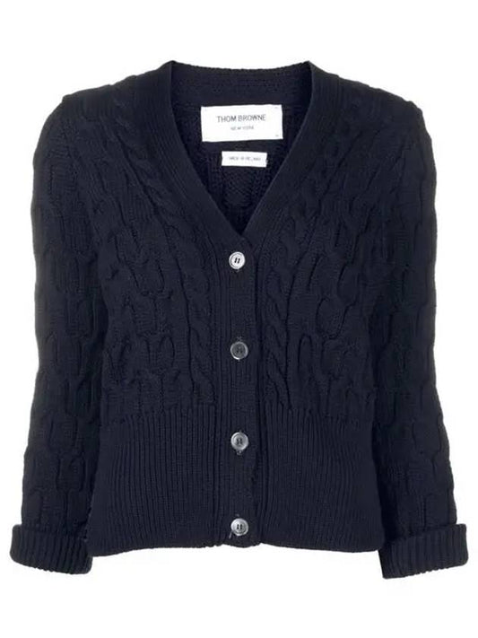 Merino Wool Crisscross Cable Stitch 3/4 Sleeve V-Neck Cardigan Navy - THOM BROWNE - BALAAN 2