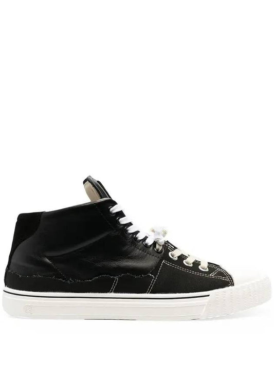 Men's Canvas Leather Mid-Top Sneakers Black - MAISON MARGIELA - BALAAN.