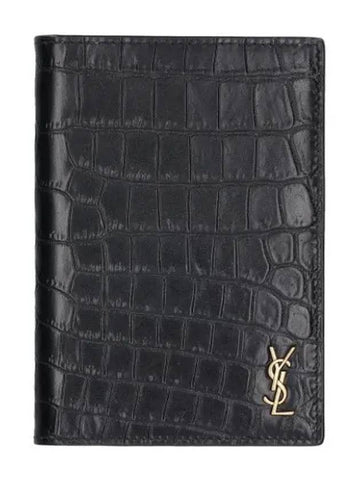 Crocodile Tiny Monogram Passport Wallet Black - SAINT LAURENT - BALAAN 1