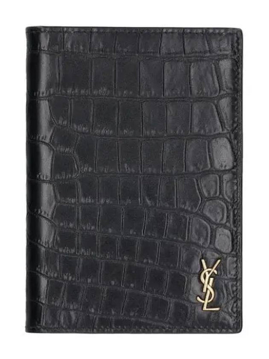 Crocodile Tiny Monogram Passport Wallet Black - SAINT LAURENT - BALAAN 1