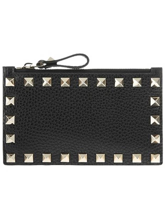 Rockstud Zipper Card Wallet Black - VALENTINO - BALAAN 1