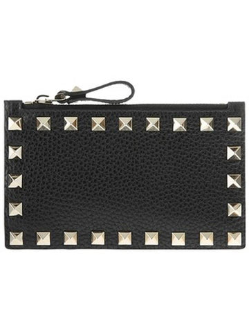 Rockstud Zipper Card Wallet Black - VALENTINO - BALAAN 1