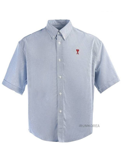 Men's Boxy Fit Embroidered Logo Short Sleeve Shirt Blue - AMI - BALAAN 2