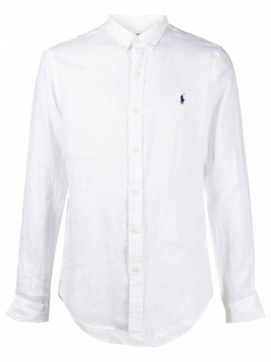Men's Blue Pony Embroidery Linen Slim Fit Long Sleeve Shirt White - POLO RALPH LAUREN - BALAAN 1