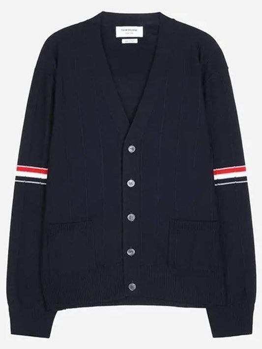 RWB V-neck Striped Virgin Wool Cardigan Navy - THOM BROWNE - BALAAN 2