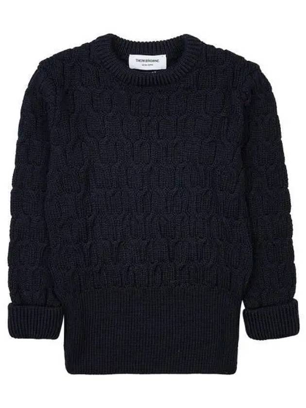 Merino Crisscross Cable Stitch Crewneck Knit Top Navy - THOM BROWNE - BALAAN 2